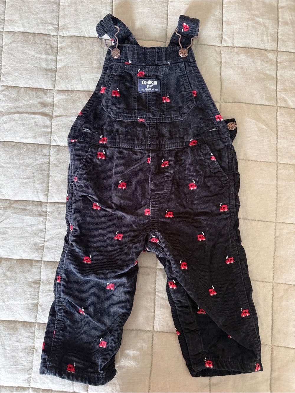 OshKosh B’gosh Toddler Train Corduroy Overalls Black Red Print 12M OOS